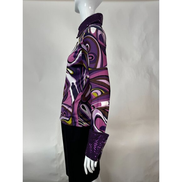 Psychedelic Patterned Jacket With Sequin Collar & Cuffs Sz Lg Zip Front Polyeste - Picture 16 of 16